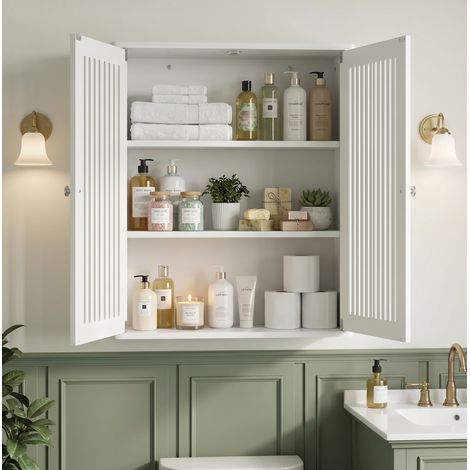 Armario de Baño de Pared con 2 Puertas de Lamas, Almacenamiento Suspendido para Baño en MDF Blanco (1/5)