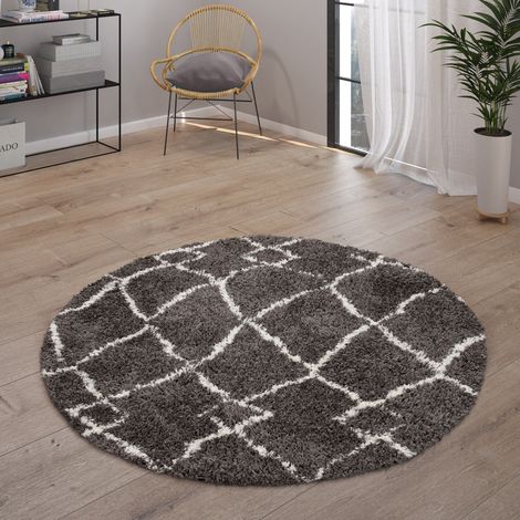 Paco Home Hochflor Teppich Wohnzimmer Shaggy Skandinavisch Fransen Flauschig Modern Anthrazit, 120 cm Rund