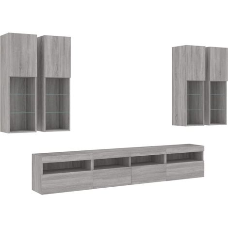 Conjunto de muebles mueble buffet TV televisión salón dormitorio sala pared x 7 piezas y luces LED sonoma gris 020025367