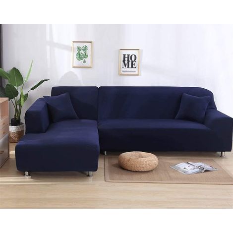 Soft, non-slip polyester fabric sofa cover for L-shaped sofas, 2-piece set, L-shaped sectional sofa (3+3 seater), blue (1/5)
