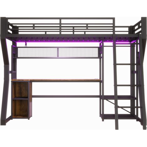 Cama alta 90x200 cm de metal con escritorio, almacenaje, barra de luz y perchero, negra (1/5)