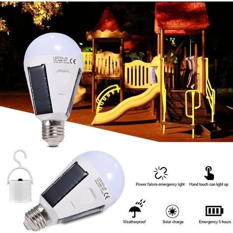 Ampoule LED Solaire, E27 Ampoule LED à Panneau Solaire Portable IP65 Étanche Intérieur/Extérieur Randonnée Camping Lampe de Secours Rechargeable Lampe Solaire Portable (12W) (1/4)