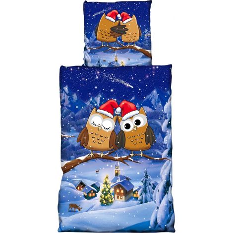 Fleece Bettwäsche Weihnachtsmotiv mit Eulen 135x200 cm Deckenbezug, 80x80 cm Kissenbezug (1/4)