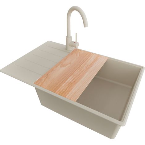 PRIMAGRAN Evier Cuisine en Granit 78x50cm, Lavabo 1 bac + Robinet 32x20cm + Kit de Vidage + Accessoire, Évier à Encastrer au meuble 60cm - Copenhague, Beige (1/5)