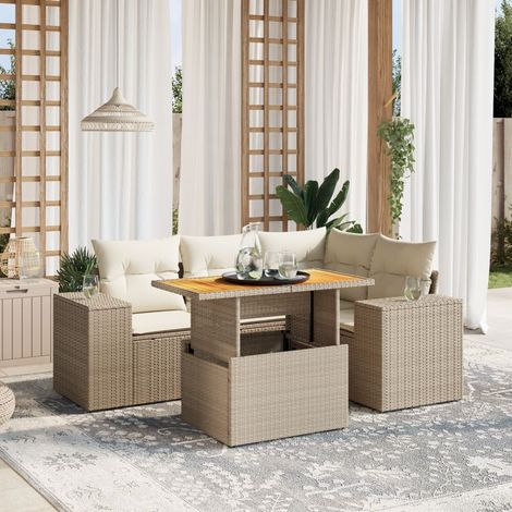 vidaXL 5-tlg. Garten-Sofagarnitur mit Kissen Beige Poly Rattan (1/3)