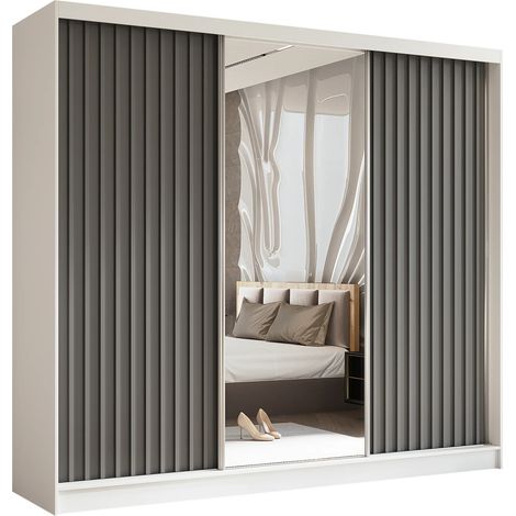 AX LIVING Cabinio Kleiderschrank Weiß mit Spiegel 240 cm Breite, Grau