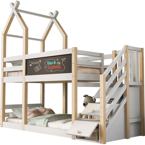 Lit mezzanine enfant 90x200 avec tableau noir, rangement intégré et sécurité renforcée, bois et MDF blanc, pour chambre enfant – CHICFURN (1/5)