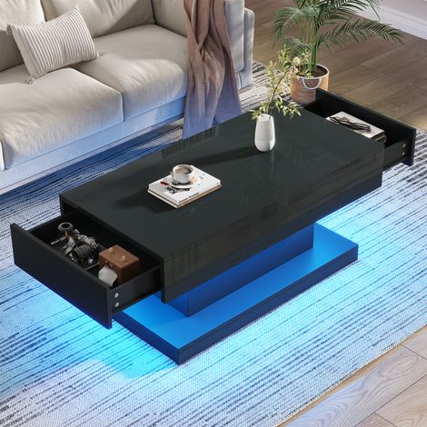 Couchtisch aus Spanplatte in Schwarz Hochglanz 100 x 50 cm mit 2 Schubladen und LED USB