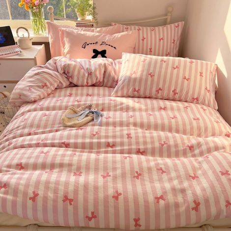 Parure de lit, housse de couette de 135 x 200 cm et taie d'oreiller de 80 x 80 cm, avec fermeture éclair, en microfibre, à rayures et nœuds, blanc et rose, pour fille (1/5)