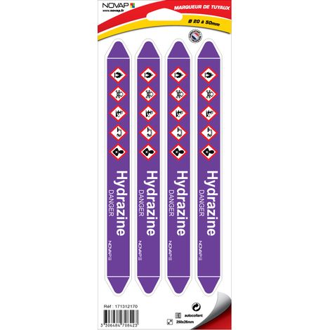 Planche de 4 marqueurs de tuyauterie 250 x 26 mm pour Ø 20 à 50 mm - Hydrazine - 4708423