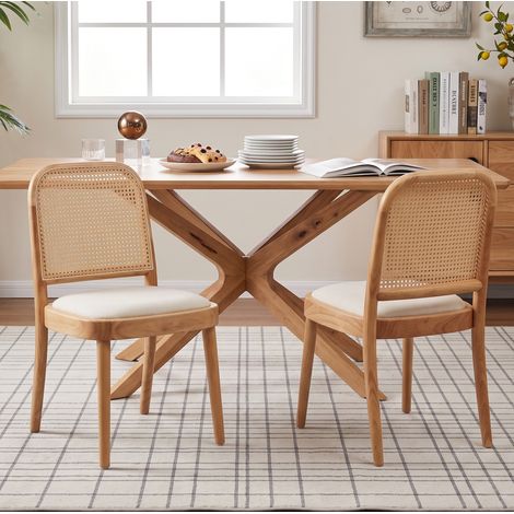 6er-Set Esszimmerstühle aus Holz, Rückenlehne aus Rattan, Sitzfläche aus Leinen, HAVRYA (1/5)