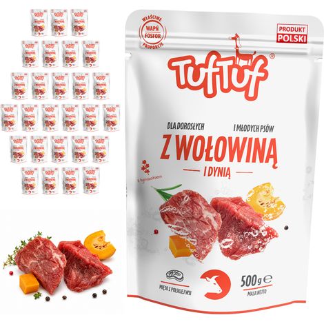 Comida húmeda para perros TufTuf sabor ternera y calabaza, sobre de 30 x 500 g, carne en conserva. (1/2)