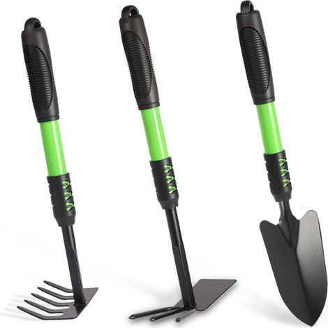 Juego de herramientas de jardinería, juego de herramientas de jardinería de 3 piezas, cultivador manual de acero inoxidable de alta resistencia, azadas, pala, para plantar, desherbar, cavar, verde