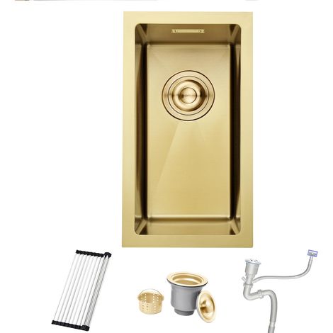 Évier de cuisine, en acier inoxydable 304, 25 x 45 cm, Petit Évier de cuisine, Montage Encastré ou Supérieur, avec Trop-Plein, Siphon, Support Enroulable, Or (1/5)