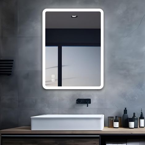 Miroir de Salle de Bain à LED avec éclairage - 70 x 50 cm - Grand Miroir de Salle de Bain avec Bouton Tactile - Intensité Variable - Lumière Chaude et Blanche Anti-buée pour Salle de Bain (1/5)