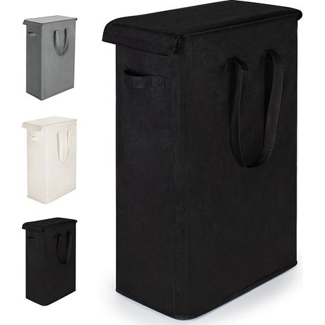 Panier à Linge Étroit avec Couvercle 55L Tissu Oxford Panier de Rangement des Vêtements Sales Longues Poignées Chambre Salle de Bain Noir (1/5)