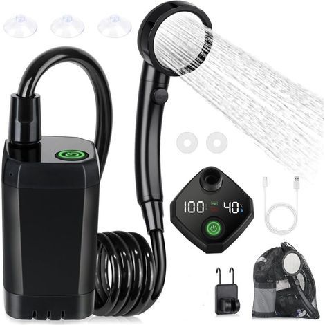 Douche d'extérieur portable , pompe de douche électrique rechargeable , étanche , affichage intelligent , pommeau de douche 4 modes pour l'extérieur , le camping et la randonnée (1/5)