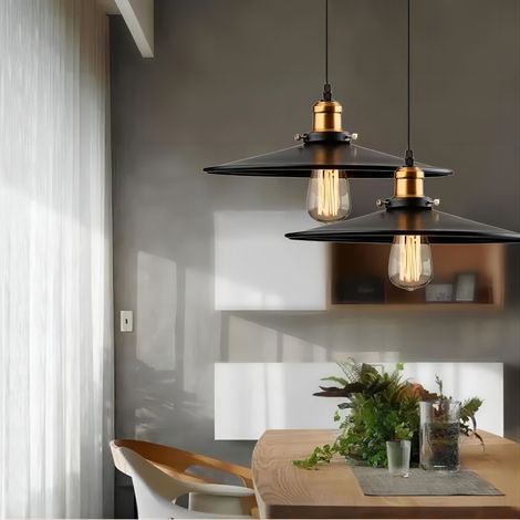2X Pendant Light with Lamp Shade, Vintage Metal Hanging Ceiling Lamp, Retro Minimalist Chandelier for Kitchen Island Restaurant (Black/Ø36cm) (1/5)