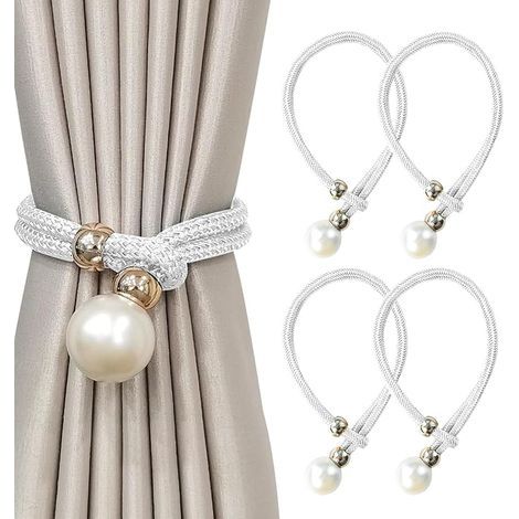 Lntyq 4 Pièces Embrasse pour Rideaux,Embrases pour Voilages Grandes Perles pour Décoration de Maison, Bureau Etc. (Blanc) (1/4)
