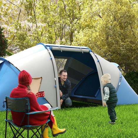 Tente Familiale Personnes Chambres Sac Transport Mobilier Intérieur Bleu Blanc 430x230x170cm