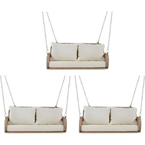 3er-Set PE-Rattan-Schaukel-Doppelsitz, Hängeschaukel für den Garten im Freien, mit Kissen und 2 Ketten (240 cm/Stück), ohne Rahmen, Kissen sind abnehmbar und waschbar,belastbar 320 kg, beige
