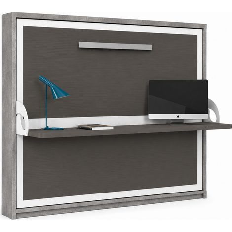 Lit escamotable horizontal avec bureau BONA - Ouverture automatique assistée - renforcé – Spécial location meublée Gris ciment Sans matelas-140x190-Cadre Gris ciment-Façade Anthracite (1/5)