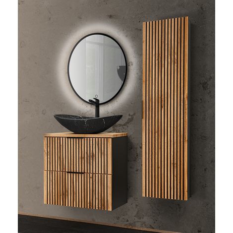 Badezimmer Set Unterschrank 60 cm, Hochschrank, Spiegel XANTEN-56 in anthrazit mit Eiche Nb. Rillen schwarz, B/H/T: 112/200/46,5 cm (1/5)