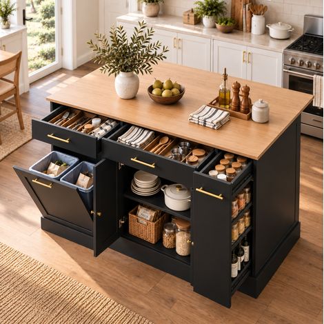 MODFU – Isola cucina 120 cm in truciolato con piano ribaltabile, ripiano scorrevole, scomparto pattumiera e carico 60 kg – Nero/naturale (1/5)