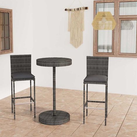 Ensemble Table de bar + 2 Chaises de bar de jardin - Table Haute avec 2 Tabourets et coussins Résine tressée Gris BV113811 - BonneVie (1/5)