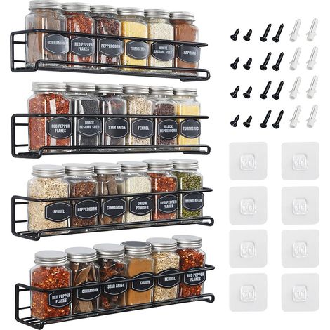 AUTRUCKER Étagère à épices murale à 4 niveaux en acier inoxydable avec autocollant et vis-Étagère de cuisine et de garde-manger pour épices et condiments (1/5)