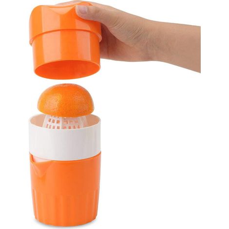 Spremiagrumi manuale in plastica resistente con filtro integrato e contenitore da 250 ml – colore arancione, ideale per limoni, arance e lime.