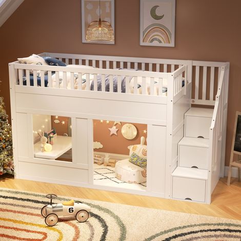 Lit superposé enfant 90x200 blanc, mezzanine avec rangement escalier, espace jeu modulable sous le lit, sans matelas