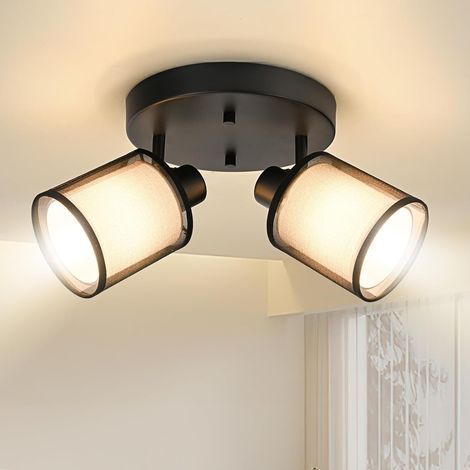 Ceiling Light with 2 Adjustable Spotlights, Black Metal, Fabric Shade, 350° Rotation, E14, Living Room, Bedroom, Kitchen (1/5)