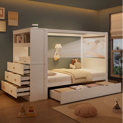 letto contenitore 90x200 bianco con area scrivania HAVRYA (1/5)