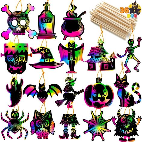 Halloween Kratzbilder Set 36 Stück mit 18 Designs für Kinder, Partyzubehör (1/4)