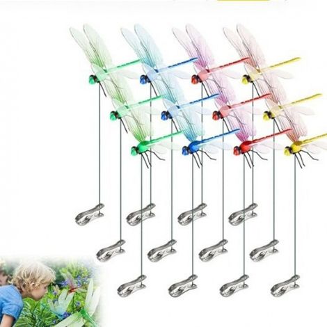 12 clip a forma di libellula simulata, adatte per uso esterno, decorazione 3D a forma di libellula per giardini, clip decorative 3D a forma di libellula per giardino (1/3)