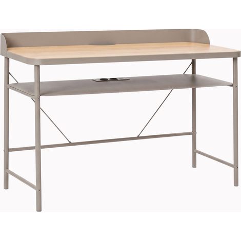 Hariyang - Bureau en métal (120 x 82,5 x 50 cm) avec ports USB et plateau en contreplaqué chêne gris tourterelle. (1/5)