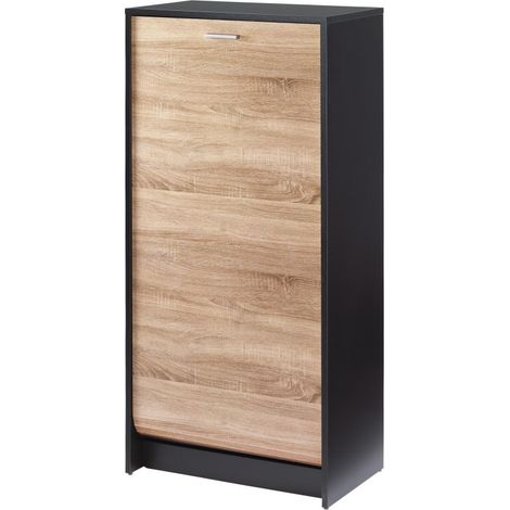 Beaux Meubles Pas Chers – Meuble à chaussures noir bicolore 21 paires 8 niches – Dimensions 58,4 x 121,6 x 36,1 cm – Panneaux mélaminés E0.5 – Rideau coulissant (1/3)