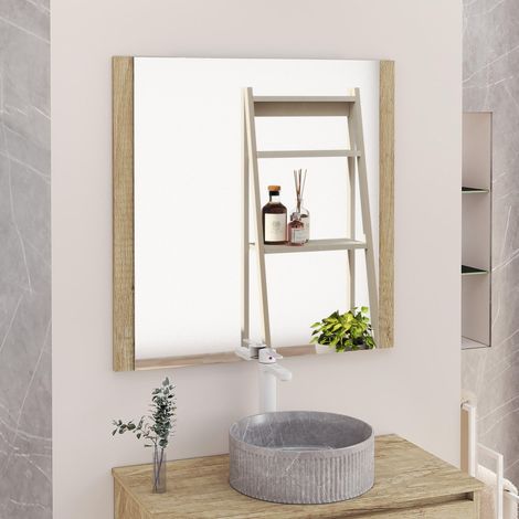 Miroir de Salle de Bain, Miroir latéral en Bois, Option avec et sans LED. Styles Qui s'adaptent à la Salle de Bain ou à n'importe Quelle pièce de la Maison. 90 x 80 cm latéral en Bois Nature (1/5)