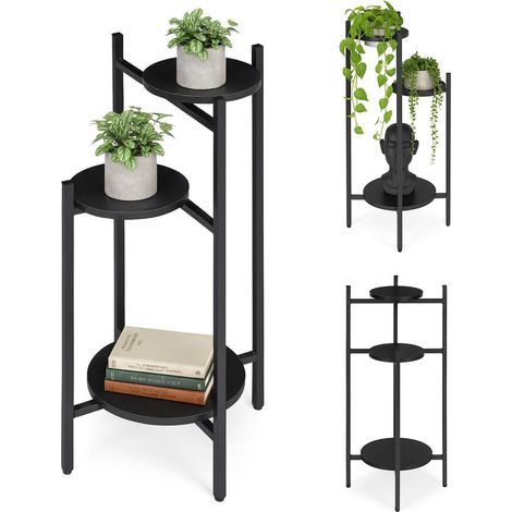 Soporte para plantas de metal negro de 3 niveles: Exhibición de flores para interiores (1/5)