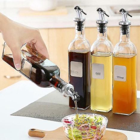 Distributeur d'huile d'olive et de vinaigre en verre (lot de 4) avec bec verseur et égouttoir. Idéal comme cadeau. (1/5)