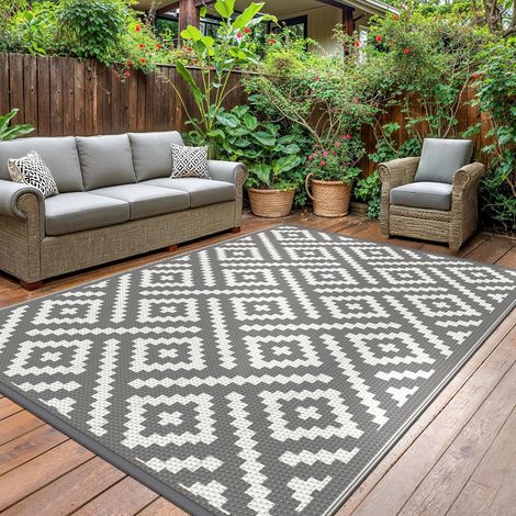 Tapis extérieur imperméable pour terrasse 240x300cm Gris Blanc