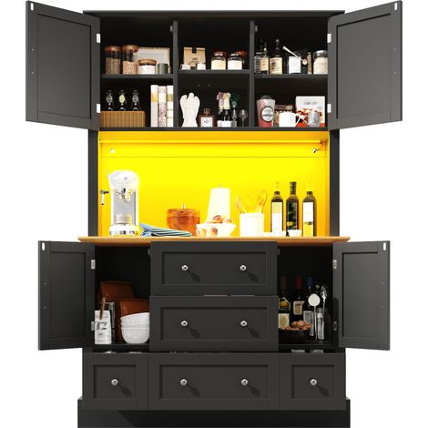 Armoire haute avec LED et vitrine de cuisine noire, 115x40x180cm, 4 portes, 5 tiroirs, contrôle application (1/5)