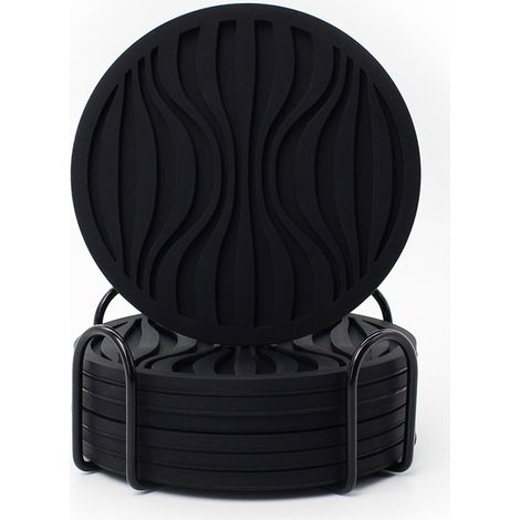 Lot de 6 sous-verres en silicone avec support en plastique 10 x 0,5 cm pour table et bonde noir ondulé (1/5)