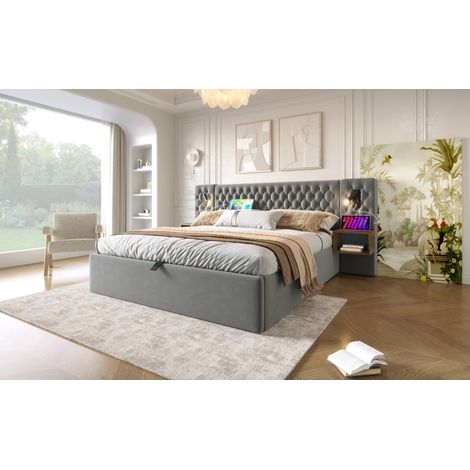 Letto matrimoniale in velluto grigio 160x200 cm con contenitore idraulico, 2 comodini, luci LED con USB/Type-C e materasso (1/5)