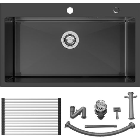 Lavello da Cucina 1 Vasca 75 x 45 cm Lavello Incasso Vasca Singola in Acciaio Inox con Scolapiatti avvolgibile e Sifone, grigio scuro