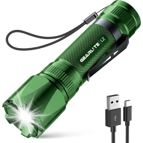 Lampe Torche Rechargeable, 3000LM Mini Lampe de Poche Tactique LED Ultra Puissante Rechargeable Zoomable avec 3 Modes D'éclairage, IP65 Étanche Longue Portée LED Flashlight pour Campin, Vert (1/5)