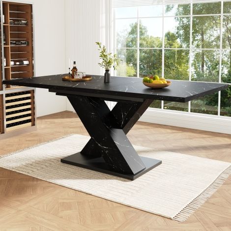 Table à manger extensible plateau imitation marbre noir 119 à 158,5 cm, piètement métallique en forme de X, table de repas stable pour 4 à 6 personnes adaptée à la cuisine et salle à manger (1/5)