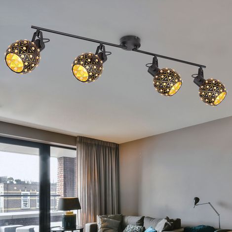 Deckenleuchte Deckenstrahler Wohnzimmerlampe Esszimmerleuchte, Kristalle, Spots beweglich, Metall schwarz, 4 x E27, L 90 cm