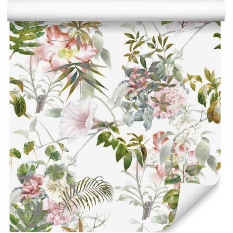 Carta da parati con foglie e fiori ad acquerello per soggiorno e camera da letto, 50x1000 cm (1/5)
